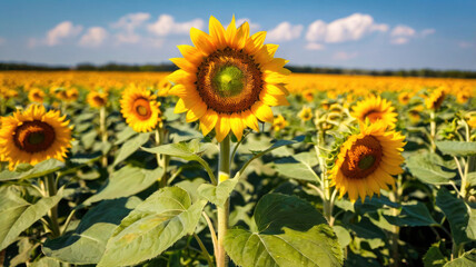 Fototapeta premium Wonderful panoramic view field of sunflowers by summertime