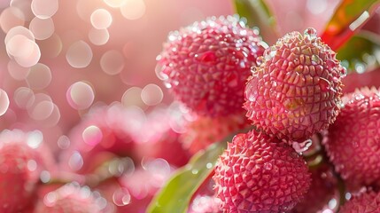 Close up of fresh lychee with water droplets highlighting its vibrant pink color and juicy texture perfect for tropical themes. Generative Ai
