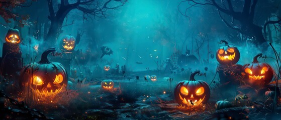 Halloween background of a dark forest with twisted branches, thick mist, and ominous shadows