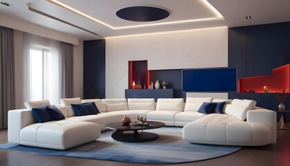 High end modern living room with white leather couch and a large flat screen tv mounted on the wall, brutalist architecture mixed with modern futuristic minimal design