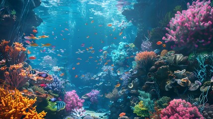 Fototapeta premium Beautiful underwater scenery with various types of fish and coral reefs Generative AI