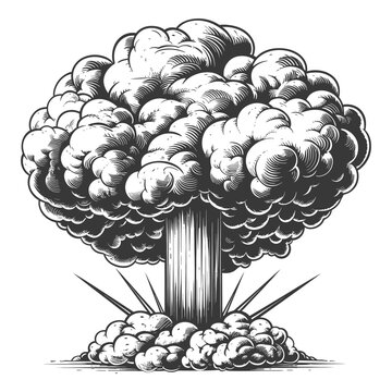 Etched Mushroom Cloud: Detailed Engraving of Atomic Explosion, Stylized Threat