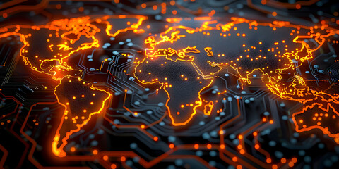 Glowing circuits in world map shape.