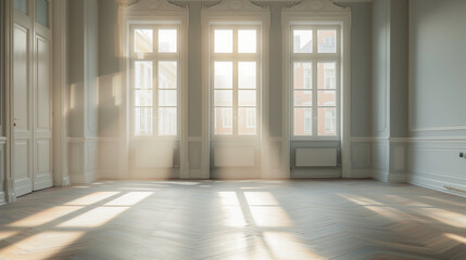 Empty home interior with large windows and classic design