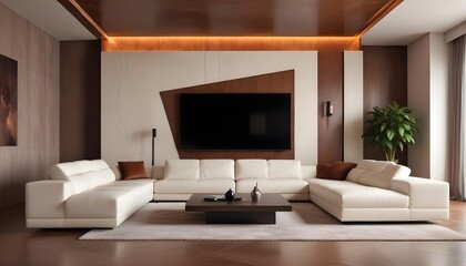 High end modern living room with white leather couch and a large flat screen tv mounted on the wall, brutalist architecture mixed with modern futuristic minimal design