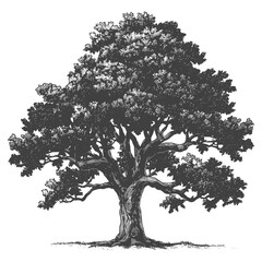 Fototapeta premium Detailed Oak Tree Engraving: Vintage Botanical Illustration, Isolated on White.