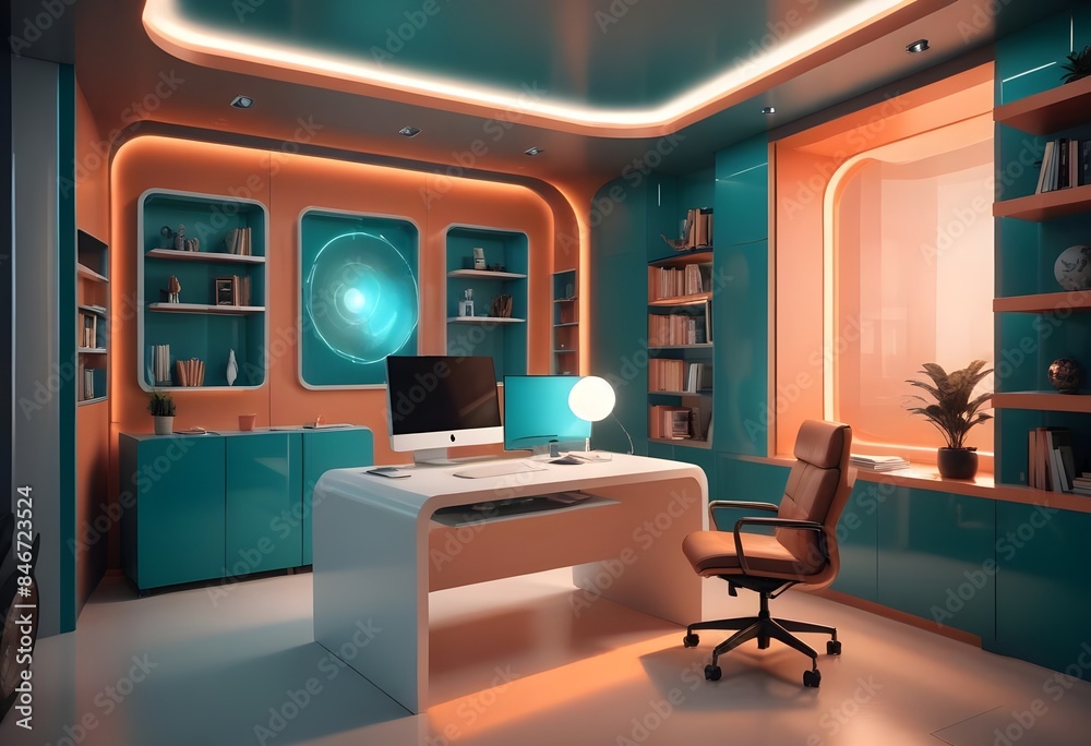 Wall mural minimalist interior design style futuristic home office sleek furniture state of the art technology