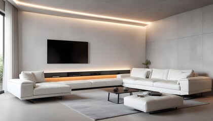 High end modern living room with white leather couch and a large flat screen tv mounted on the wall, brutalist architecture mixed with modern futuristic minimal design