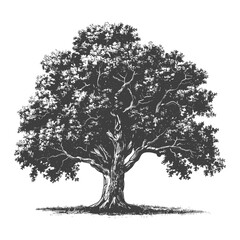 Fototapeta premium Detailed Etching of a Majestic Oak Tree with Shaded Foliage, Isolated on White.