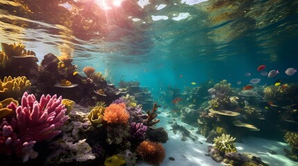 Naklejka premium Beautiful underwater scenery with various types of fish and coral reefs Generative AI