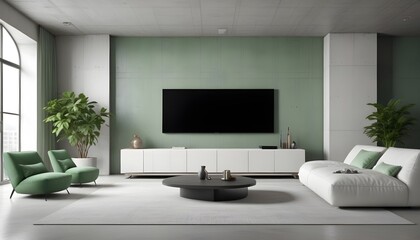 High end modern living room with white leather couch and a large flat screen tv mounted on the wall, brutalist architecture mixed with modern futuristic minimal design