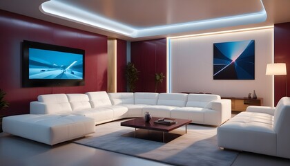 High end modern living room with white leather couch and a large flat screen tv mounted on the wall, brutalist architecture mixed with modern futuristic minimal design