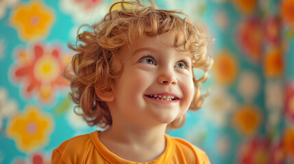 Fototapeta premium Portrait of a kid against a colorful background, happy child smiling