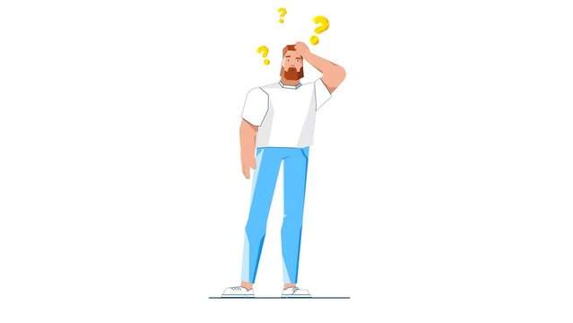 2D Illustrated Man Hesitates With Question Marks Above His Head, Seemingly Hesitant or Unsure About Something.