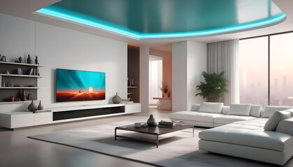 High end modern living room with white leather couch and a large flat screen tv mounted on the wall, brutalist architecture mixed with modern futuristic minimal design