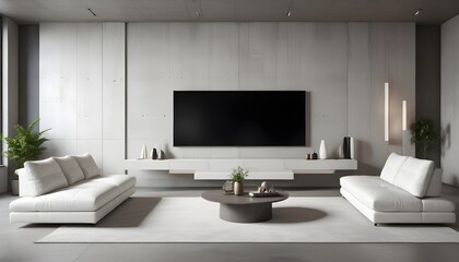 Obraz premium High end modern living room with white leather couch and a large flat screen tv mounted on the wall, brutalist architecture mixed with modern futuristic minimal design