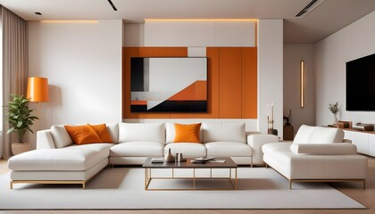 High end modern living room with white leather couch and a large flat screen tv mounted on the wall, brutalist architecture mixed with modern futuristic minimal design