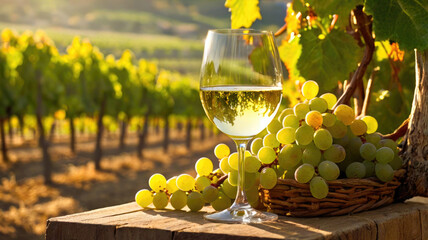  glass of wine against the background of a vineyard