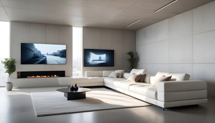 High end modern living room with white leather couch and a large flat screen tv mounted on the wall, brutalist architecture mixed with modern futuristic minimal design