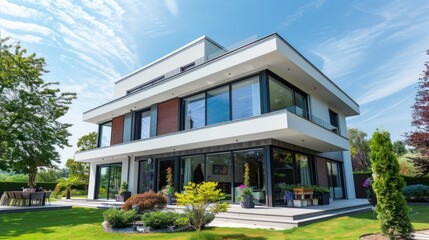 Beautiful new luxury real estate with front yard and driveway