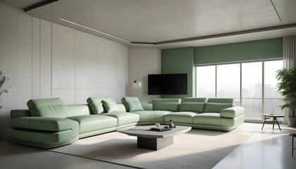 Fototapeta premium High end modern living room with white leather couch and a large flat screen tv mounted on the wall, brutalist architecture mixed with modern futuristic minimal design