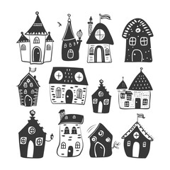 Fototapeta premium Whimsical Hand-Drawn Cartoon House Set, Isolated Black and White Architecture.