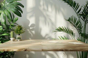 Fototapeta premium A wooden table with a few potted plants on it. copy space for show product