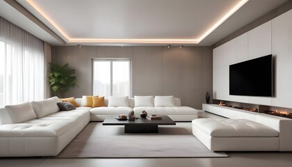 High end modern living room with white leather couch and a large flat screen tv mounted on the wall, brutalist architecture mixed with modern futuristic minimal design