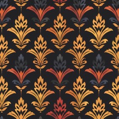 Symmetrical floral pattern in gold and red on a black background for elegant wallpaper and fabric design, pattern background