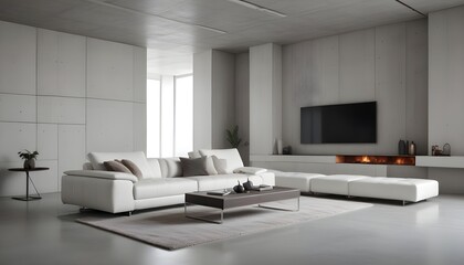 High end modern living room with white leather couch and a large flat screen tv mounted on the wall, brutalist architecture mixed with modern futuristic minimal design