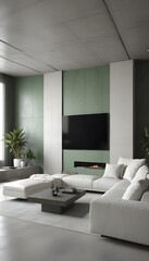 Fototapeta premium High end modern living room with white leather couch and a large flat screen tv mounted on the wall, brutalist architecture mixed with modern futuristic minimal design