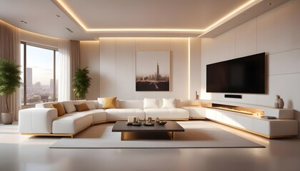 Fototapeta premium High end modern living room with white leather couch and a large flat screen tv mounted on the wall, brutalist architecture mixed with modern futuristic minimal design