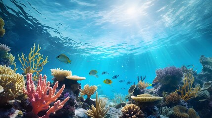 Naklejka premium Beautiful underwater scenery with various types of fish and coral reefs Generative AI