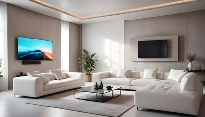 High end modern living room with white leather couch and a large flat screen tv mounted on the wall, brutalist architecture mixed with modern futuristic minimal design