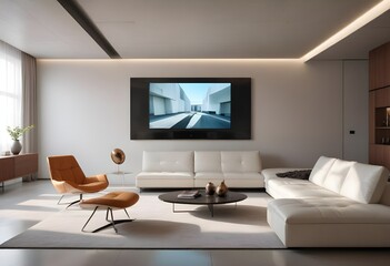 High end modern living room with white leather couch and a large flat screen tv mounted on the wall, brutalist architecture mixed with modern futuristic minimal design