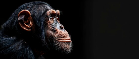 chimpanzee looks away against a black background, its thoughtful silhouette evoking quiet contemplation