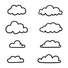 Hand drawn cartoon set of clouds on white background.