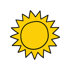 Hand drawn cartoon sun icon on white background.