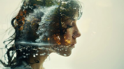 A woman's face is shown in a distorted way, with water and trees surrounding her