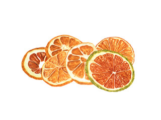 Dried Orange slices. Fruit citrus piece heap. Watercolor illustration. Mulled wine or alcohol free drinks. For package of cosmetic or food. Natural Christmas decoration. New Year concept