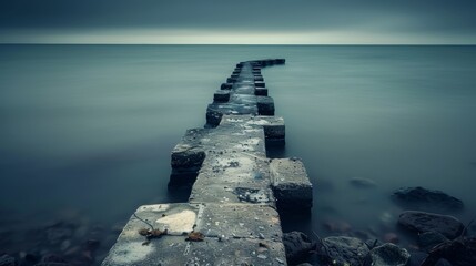 Serene lakeside jetty on overcast day