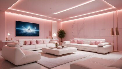 Fototapeta premium High end modern living room with white leather couch and a large flat screen tv mounted on the wall, brutalist architecture mixed with modern futuristic minimal design