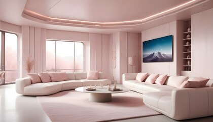 Fototapeta premium High end modern living room with white leather couch and a large flat screen tv mounted on the wall, brutalist architecture mixed with modern futuristic minimal design