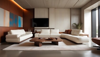 High end modern living room with white leather couch and a large flat screen tv mounted on the wall, brutalist architecture mixed with modern futuristic minimal design