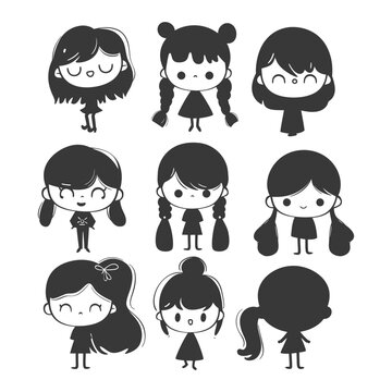 Doodle Girls: Black & White Vector Icons, Playful Hair Styles, Cute Minimalist Faces.