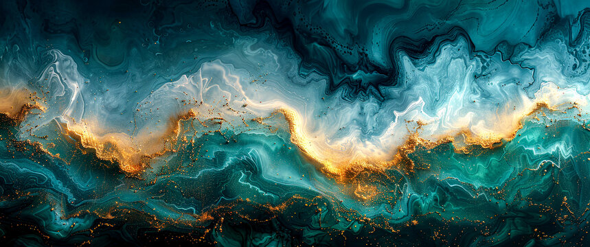 Abstract fluid art background with turquoise and gold swirls. Generative ai
