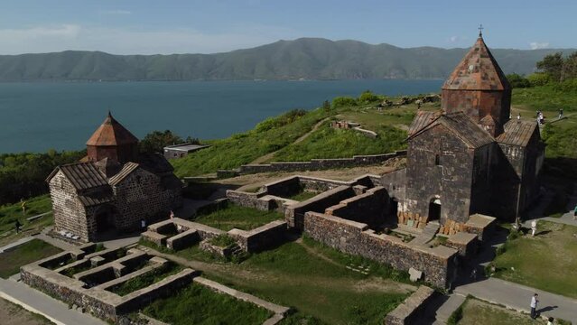  Flight of the Sevanovank monastery on a peninsula on Lake Sevan in Armenia. 