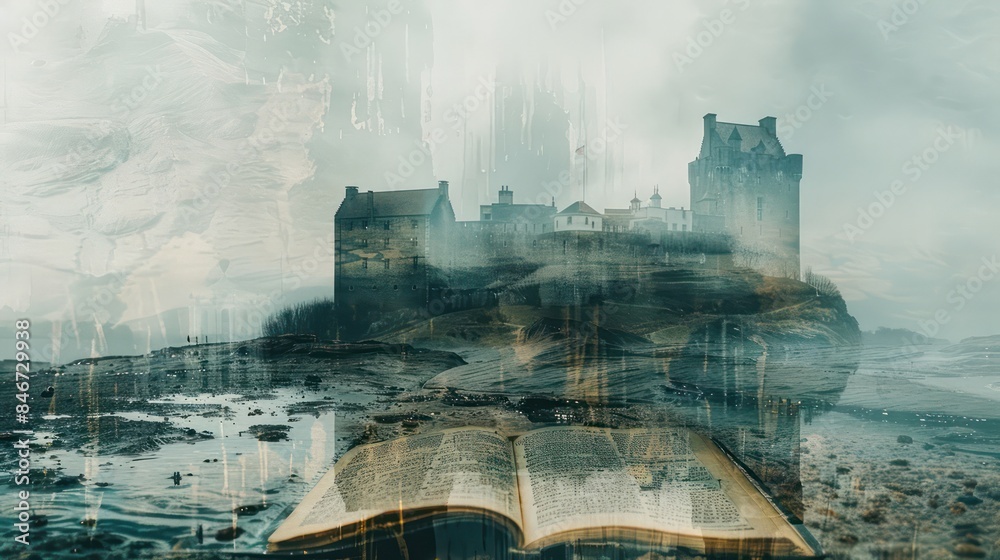 Poster a book is open to a page with a castle in the background