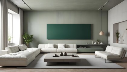 High end modern living room with white leather couch and a large flat screen tv mounted on the wall, brutalist architecture mixed with modern futuristic minimal design