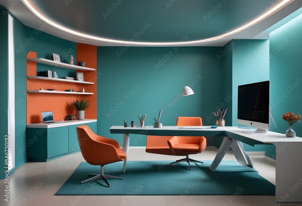 Wall mural minimalist interior design style futuristic home office sleek furniture state of the art technology